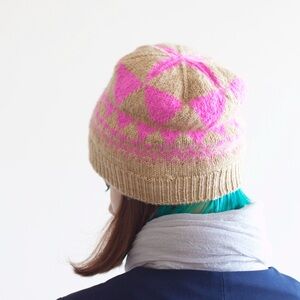 Geometric Pattern Tan and Pink Colorwork Slouchy Beanie Hat